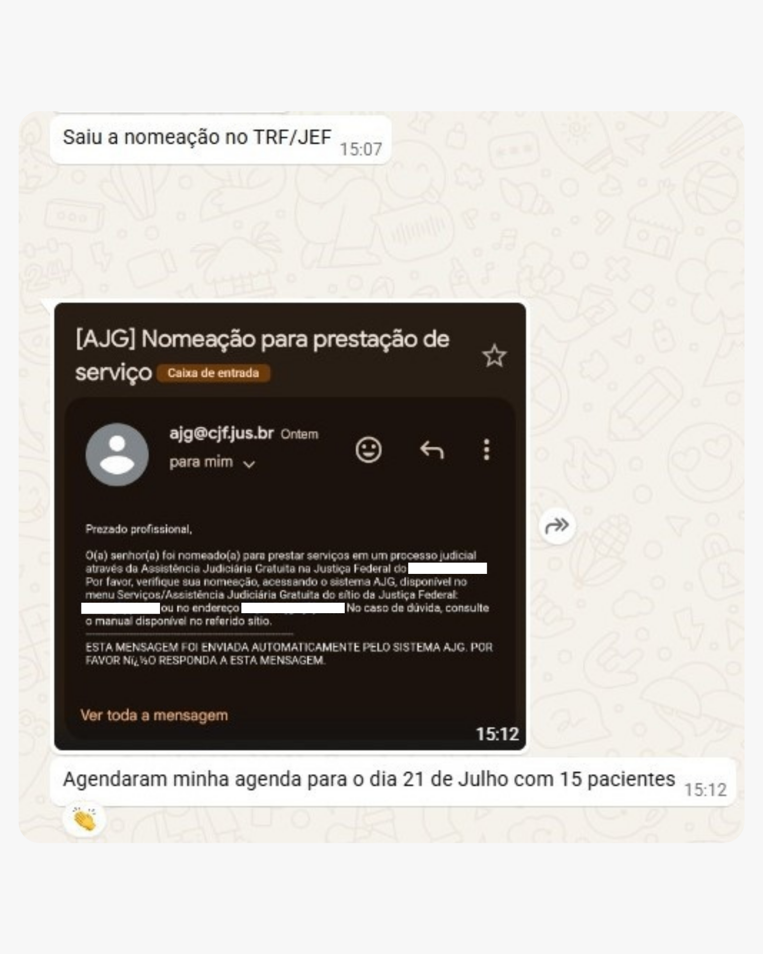 Dr. Regis comemorando nomeação no TRF/JEF e agenda com 15 pacientes após atuar na perícia médica.